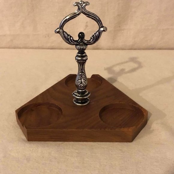 Vintage Distinguished Gifts MCM Silver Rimmed Glass/Wood Condiment Caddy Holder - Picture 5 of 10